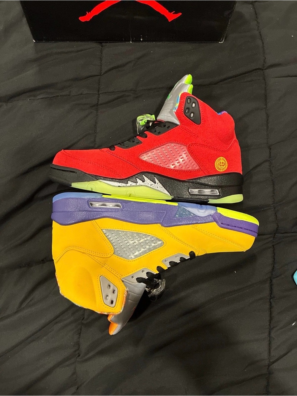 Jordan Retro 5 Colorblock Sneakers - Red & Yellow with Purple Accents